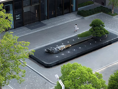 Garden Ornamental Square Platform With Bonsai Tree Water Element And Decorative Stones 3d model