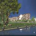 Serene Nighttime Waterside Garden Landscape With Lush Greenery Beside Illuminated Modern Residential Apartment Buildings