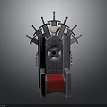 Ornate Metal Throne Chair With Red Cushion Swords Carvings And Chains