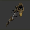 Character With Biomechanical Prosthetic Leg In Dark Background Featuring Yellow Brown Metal Components And Fragments