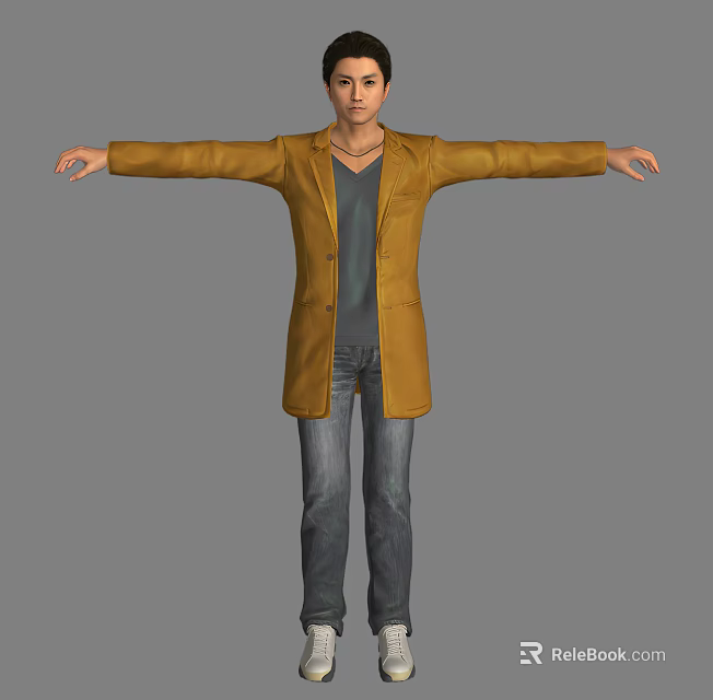 Man Wearing Yellow Coat Gray T shirt And Jeans With Arms Outstretched 3d model 