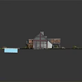 Cartoon Scene Of House With Sloped Roof Multiple Windows Swimming Pool And Green Lawn