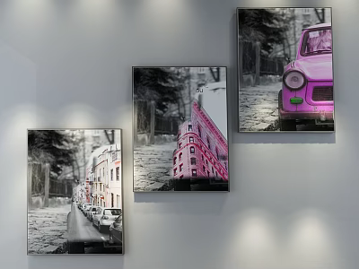 Three Landscape Paintings With Street Scenes Buildings Pink Car And Bridge 3d model