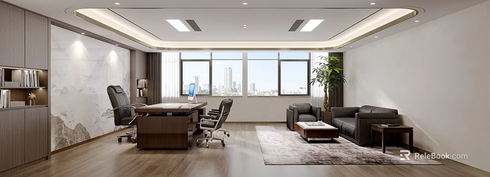 Modern Office Interior With Large Windows City View Desk Computer Sofa And Green Plant 3d model 