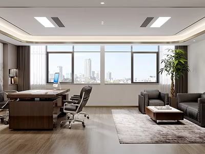 Modern Office Interior With Large Windows City View Desk Computer Sofa And Green Plant 3d model
