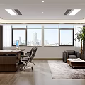 Modern Office Interior With Large Windows City View Desk Computer Sofa And Green Plant