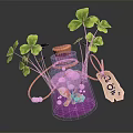 Decorative Glass Bottle With Orange Cap Pink Liquid Green Clover Leaves Lemon Tag White Beads