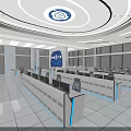 Modern Monitoring Room Interior With Large Blue Screen Control Desks And Ergonomic Chairs