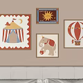 Abstract Paintings With Circus Tent Sun Elephant Hot Air Balloon in Wooden Frames Bedroom Wall