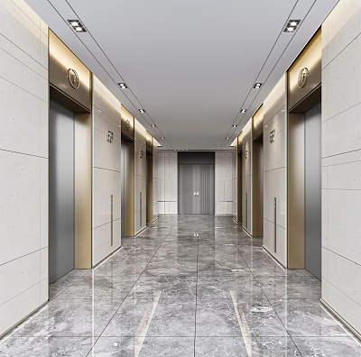 Modern Luxury Elevator Hallway With Marble Floor Metal Doors And Ceiling Lights 3d model
