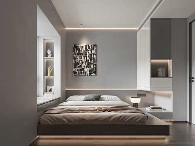 Modern Tatami Bedroom Interior With Minimalist Design Storage Cabinets And Ambient Lighting 3d model
