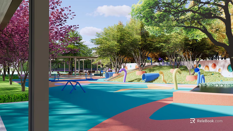 Vibrant Children's Playground with Blue Pink Orange Ground Curved Slides Green Trees and Pink Blossom 3d model 