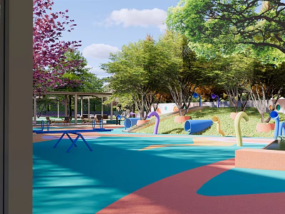 Vibrant Children's Playground with Blue Pink Orange Ground Curved Slides Green Trees and Pink Blossom 3d model