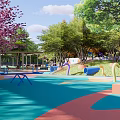 Vibrant Children's Playground with Blue Pink Orange Ground Curved Slides Green Trees and Pink Blossom