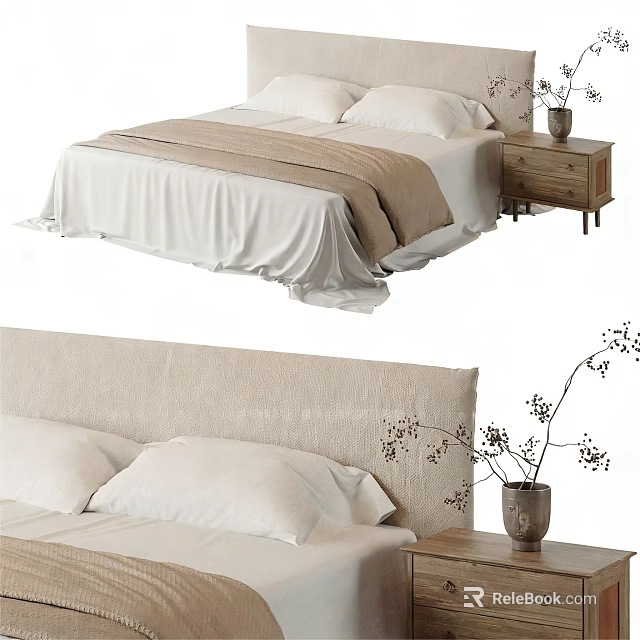Comfortable Double Bed With Beige Headboard White Sheets Wooden Nightstand And Decorative Plant 3d model 