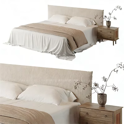 Comfortable Double Bed With Beige Headboard White Sheets Wooden Nightstand And Decorative Plant 3d model