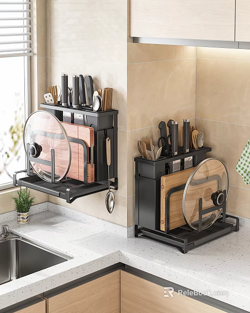 Black Wall Mounted Kitchen Rack With Knives Cutting Boards And Pot Lids 3d model