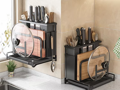 Black Wall Mounted Kitchen Rack With Knives Cutting Boards And Pot Lids 3d model