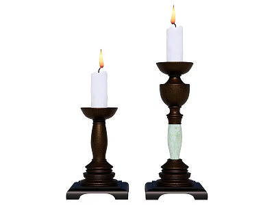 Lit White Candles On Two Dark Base Candle Holders With Green Columns And Different Heights 3d model