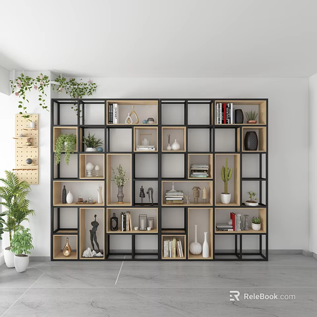 Modern Multilayer Storage Shelf Unit With Books Vases Green Plants And Decorative Items 3d model 