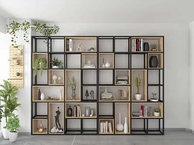Modern Multilayer Storage Shelf Unit With Books Vases Green Plants And Decorative Items 3d model