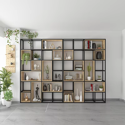 Modern Multilayer Storage Shelf Unit With Books Vases Green Plants And Decorative Items 3d model