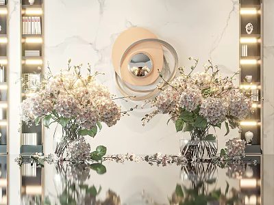 Elegant Glass Vase with Fresh Flowers on Marble Tabletop Decorative Mirror Backdrop 3d model