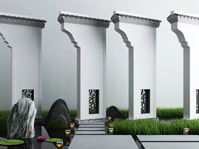 Chinese Style Garden Wall With White Pillars Carved Patterns And Water Feature 3d model