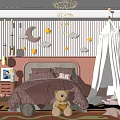 Kids Room Interior With Pink Wall Decor Moon Stars Clouds Chandelier Canopy Bed Teddy Bear
