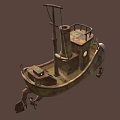 Fish Shaped Sailboat With Large Eyes Sharp Teeth Rusty Metal Small Windows Chimney And Lifebuoy