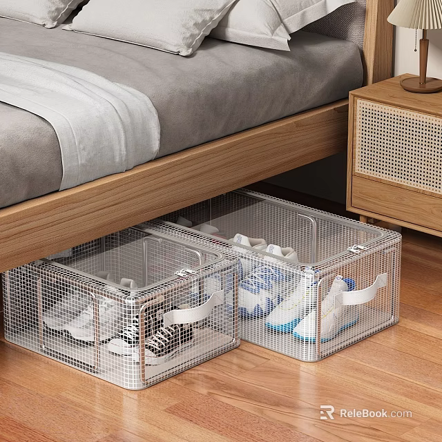 Under Bed Transparent Wire Mesh Shoe Storage Bins With Sneakers In Bedroom 3d model 