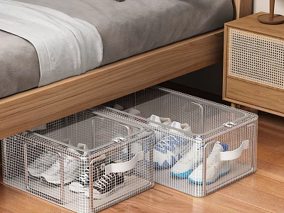 Under Bed Transparent Wire Mesh Shoe Storage Bins With Sneakers In Bedroom 3d model