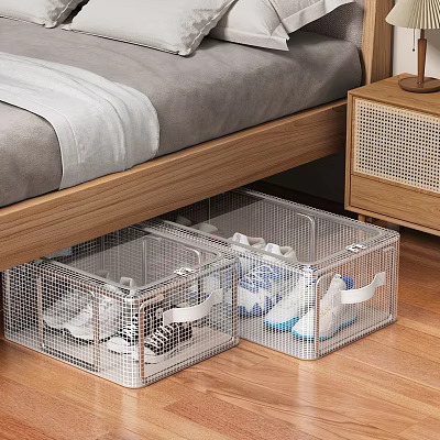Under Bed Transparent Wire Mesh Shoe Storage Bins With Sneakers In Bedroom 3d model