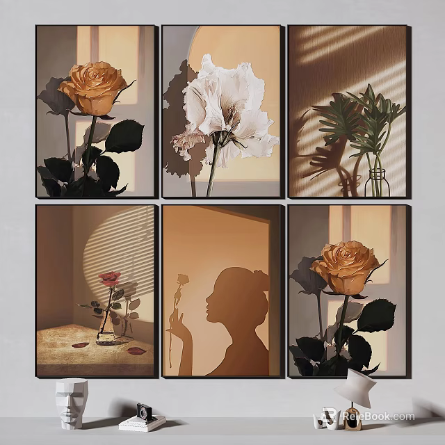 Aesthetic Wall Art With Six Panels Featuring Roses White Flowers And Shadow Effects 3d model 