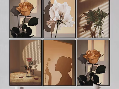 Aesthetic Wall Art With Six Panels Featuring Roses White Flowers And Shadow Effects 3d model