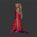 Woman with Long Golden Hair in Red Layered Dress Arms Outstretched on Shiny Floor