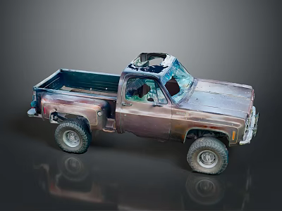 Vintage Rusty Truck With Damaged Roof And Large Off Road Wheels 3d model