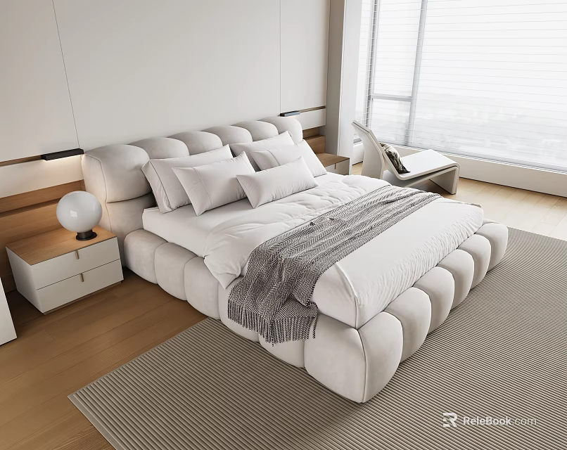 Modern White Double Bed Plush Padded Design With Bedside Table Lamp Wooden Floor Window View 3d model 