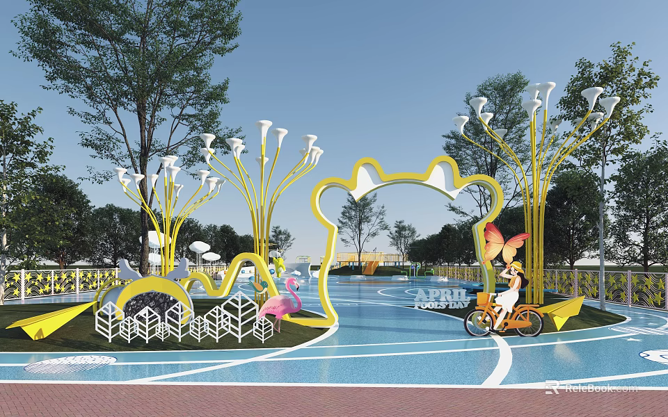 Child Friendly Park Entrance Gate Featuring Yellow Bear Ear Shaped Arch and Flower Lamps 3d model 
