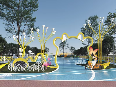 Child Friendly Park Entrance Gate Featuring Yellow Bear Ear Shaped Arch and Flower Lamps 3d model