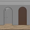 Two Gray and Brown Hinged Doors with Arched Frames on White Wall and Light Floor 3d model