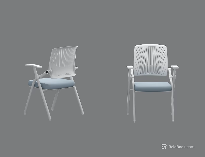 Modern Office Chair With White Frame Striped Backrest Light Blue Seat And Armrests 3d model 