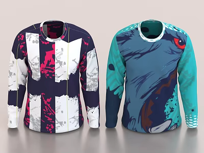 Two Long Sleeved Shirts With Unique Patterns Front View 3d model