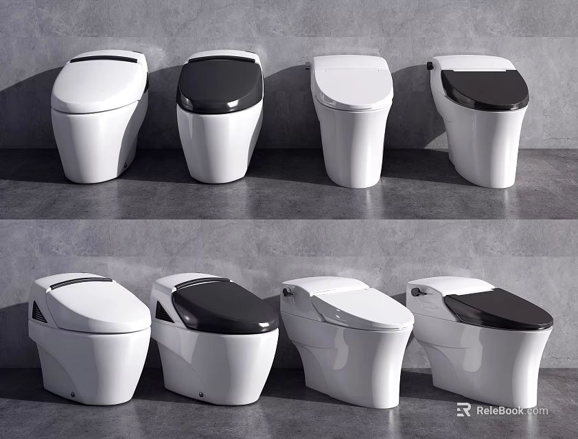 Modern Toilet Collection Featuring Various Styles With Black And White Lids 3d model 