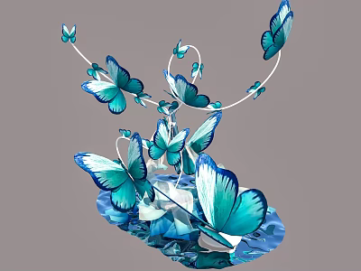 Turquoise Butterfly Art Installation With Curved Lines And Decorative Base 3d model