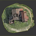 Ruined European Architecture with Red Tiled Roof and Surrounding Green Grassland