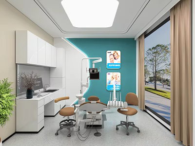 Dental Clinic Interior Design With Dental Chair White Cabinets Blue Wall Brown Chairs And Window 3d model