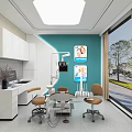 Dental Clinic Interior Design With Dental Chair White Cabinets Blue Wall Brown Chairs And Window