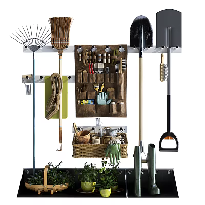Hardware Tools Organized Storage on Wall Rack with Garden Rakes Shovels Hand Tools and Gloves 3d model