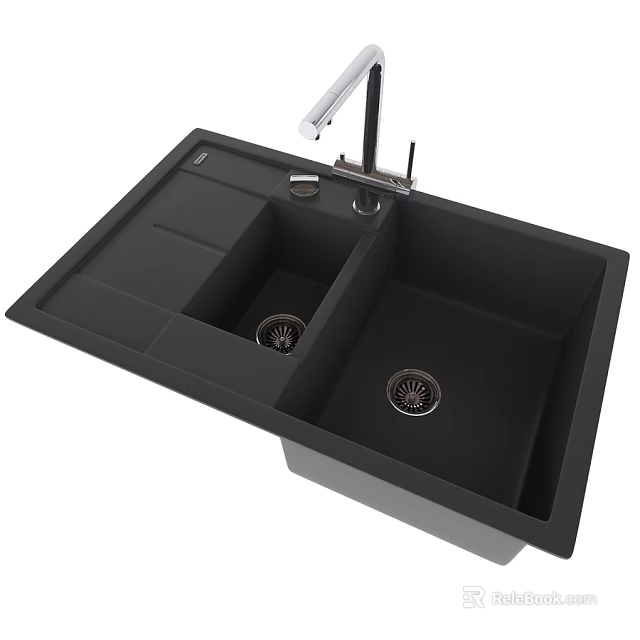 Black Double Bowl Kitchen Sink with Modern Faucet and Drain Design for Home 3d model 